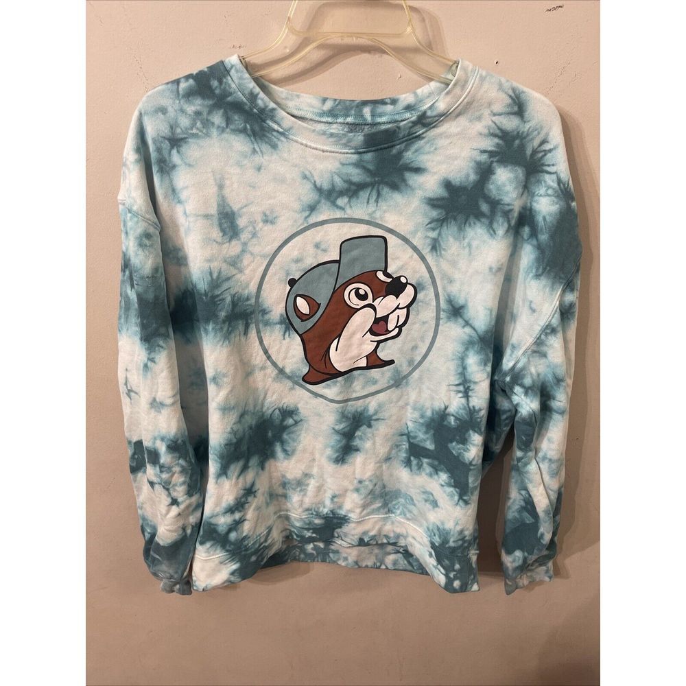 Buc-ees Beaver Tie Dye Logo Sweatshirt Size Small Teal Crewneck Pullover Beaver
